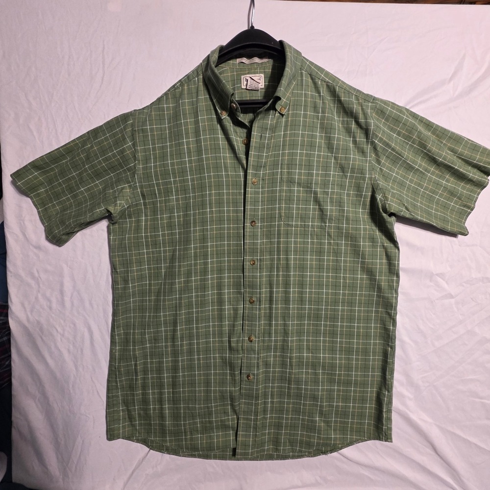 L.L.Bean Men's L Tall Green Plaid Button Down Shirt Short Sleeve Cotton